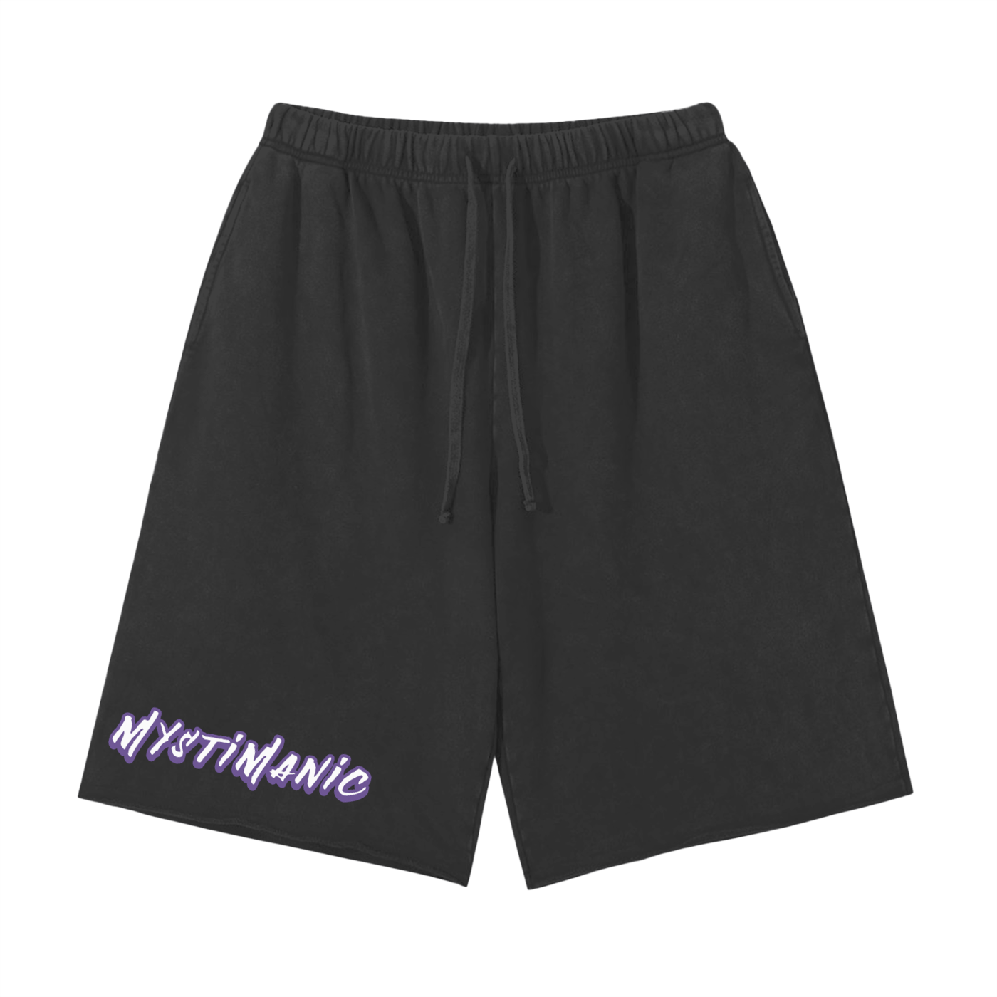 MystiManic - Streetwear Snow Washed Raw Edge Shorts - Unisex - Black/Purple