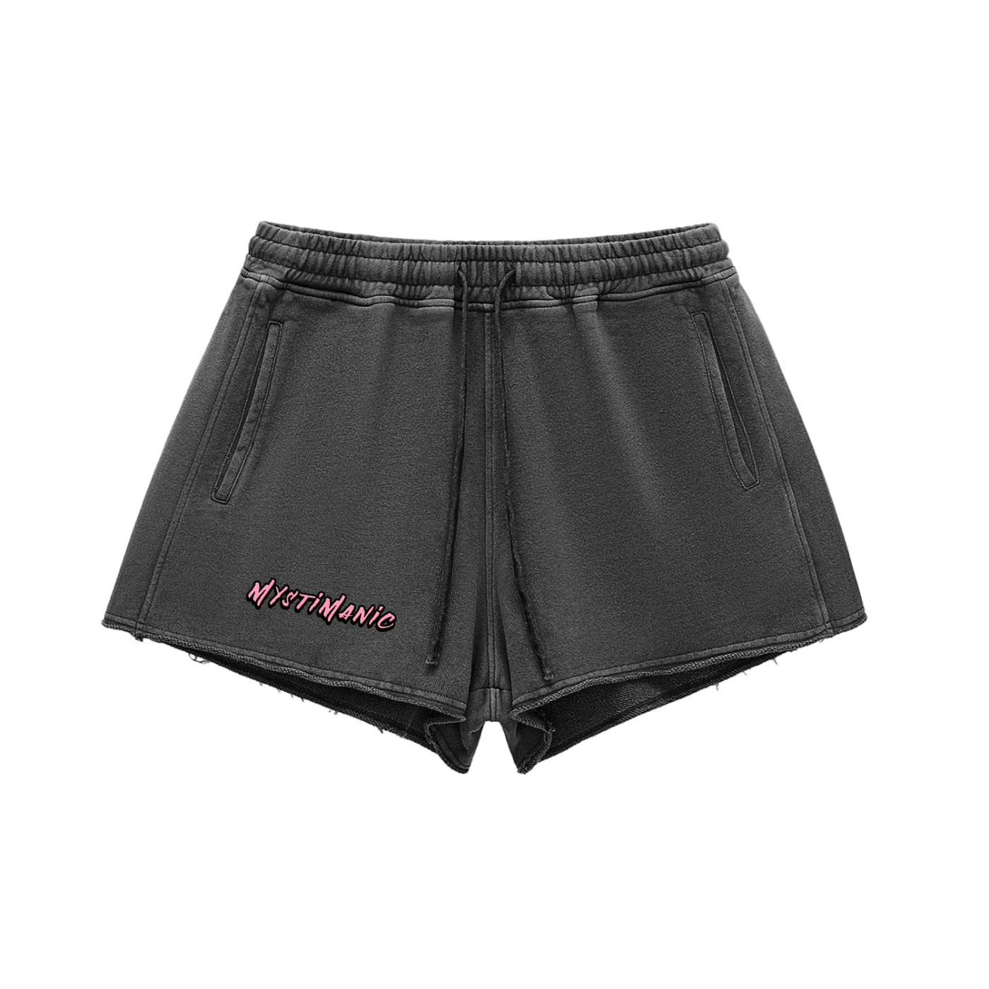 MystiManic - Streetwear Snow Washed Raw Edge Shorts - Women- Black/Pink