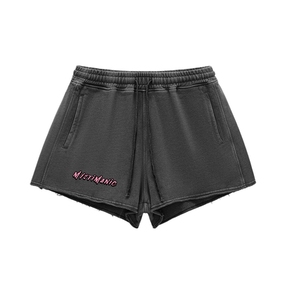 MystiManic - Streetwear Snow Washed Raw Edge Shorts - Women- Black/Pink