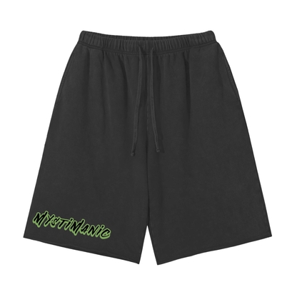 MystiManic - Streetwear Snow Washed Raw Edge Shorts - Unisex - Black/Green
