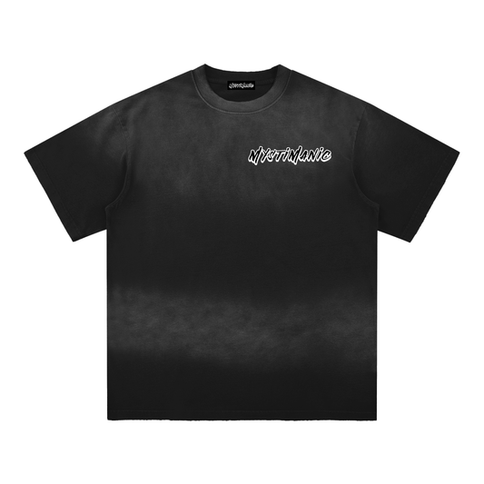 Black sunfade oversized T-shirt – MystiManic Occult Streetwear, front view