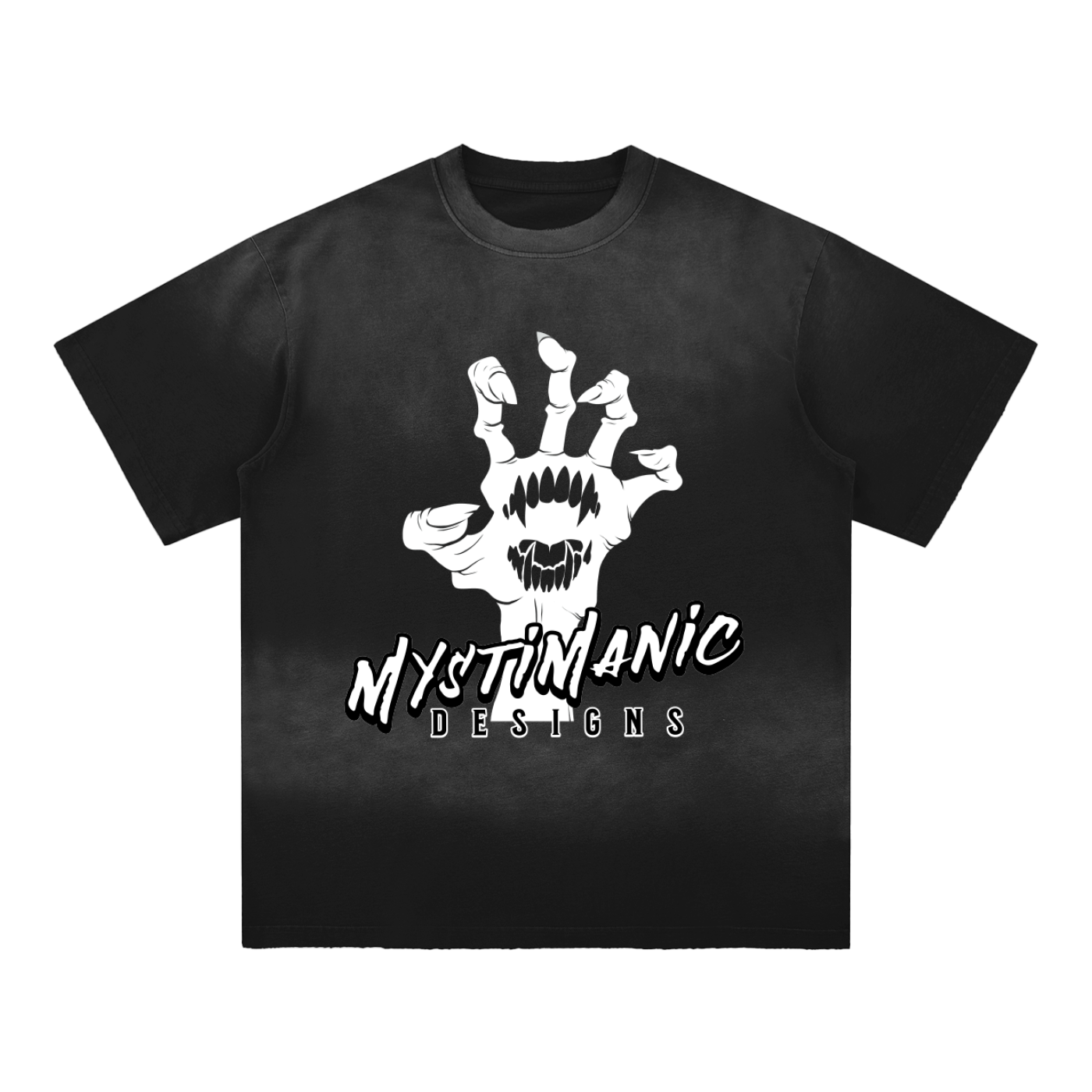 Black 100% streetwear cotton t-shirt with a skeleton hand artwork design. Original MysticManic logo in white.