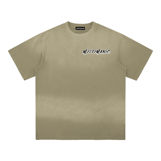 Khaki sunfade oversized T-shirt – MystiManic Occult Streetwear, front view