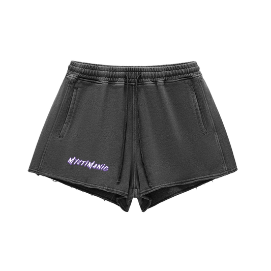 MystiManic - Streetwear Snow Washed Raw Edge Shorts - Women- Black/Purple