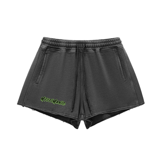MystiManic - Streetwear Snow Washed Raw Edge Shorts - Women- Black/Green
